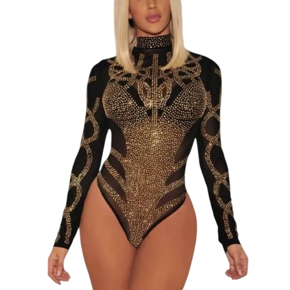 Tops - Sexy Gold Rhinestone Sheer Black Long Sleeve Bodysuit Sz S